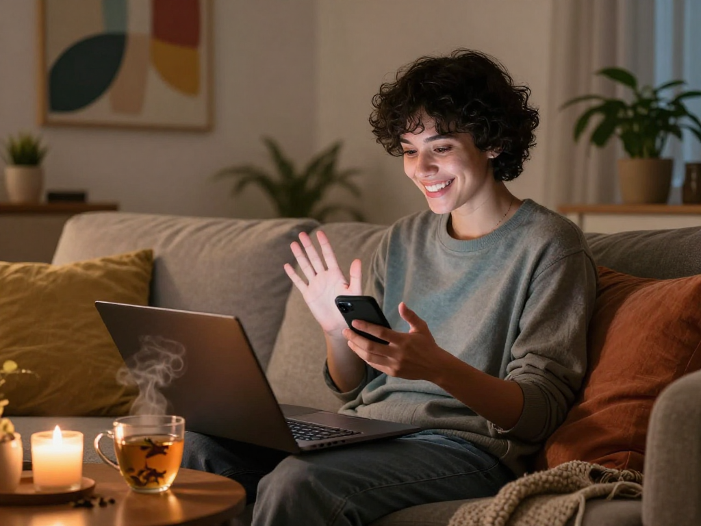 AI sex chat conversation in a cozy setting with warm lighting and a person smiling on a couch.